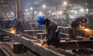 Trabajadores industriales con cascos azules operando herramientas en planta de manufactura para reducir tiempos muertos