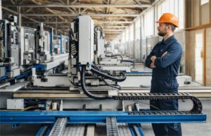 Técnico con casco naranja revisando maquinaria automatizada en una línea de producción industrial