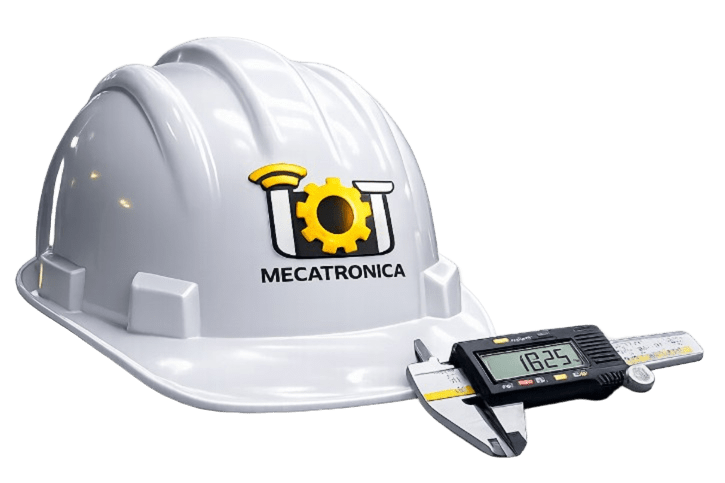 Casco de seguridad blanco con logo IoT Mecatrónica junto a un calibrador digital utilizado en automatización industrial
