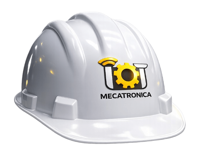 Casco de seguridad blanco con logo de IoT y mecatrónica para automatización industrial