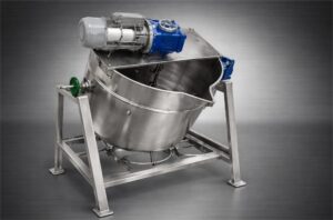 Marmita industrial de acero inoxidable con agitador mecánico para procesos de automatización industrial