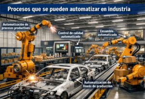 Robots industriales automatizando procesos productivos, control de calidad, ensamblaje y líneas de producción en una planta automotriz