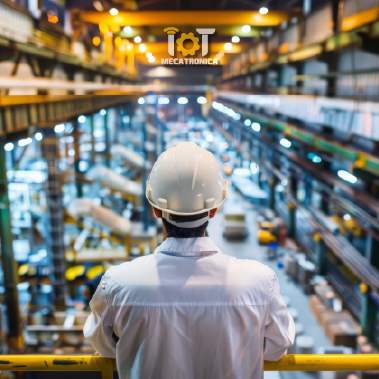 Ingeniero con casco observando una planta industrial moderna con equipos y automatización industrial.