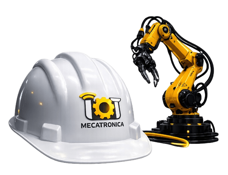 Casco de seguridad blanco con logo de IoT Mecatrónica junto a brazo robótico amarillo para automatización industrial