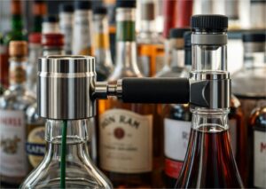 Medidor de flujo instalado en botellas para control preciso en procesos de bebidas alcohólicas en automatización industrial