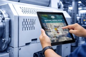 Persona usando una tableta para monitorear un sistema de control industrial en una fábrica automatizada