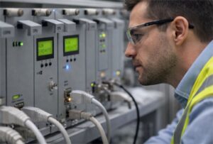 Técnico inspeccionando sistemas de control industrial conectados para automatización en planta